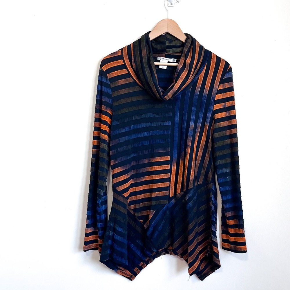 Feratelli Womens Lagenlook Artsy Shirt Size M Striped‎ Asymmetrical Burnout Boho